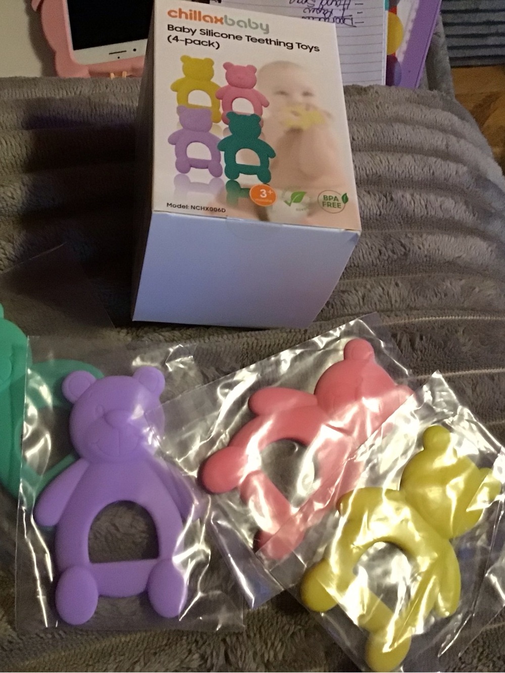 Silicone Bear Teething Toys - Purple, Pink, Yellow, Green (4-Pack)